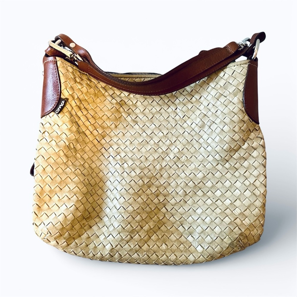 Tano Woven Leather Bag Brown and Tan Woven Shoulder Bag